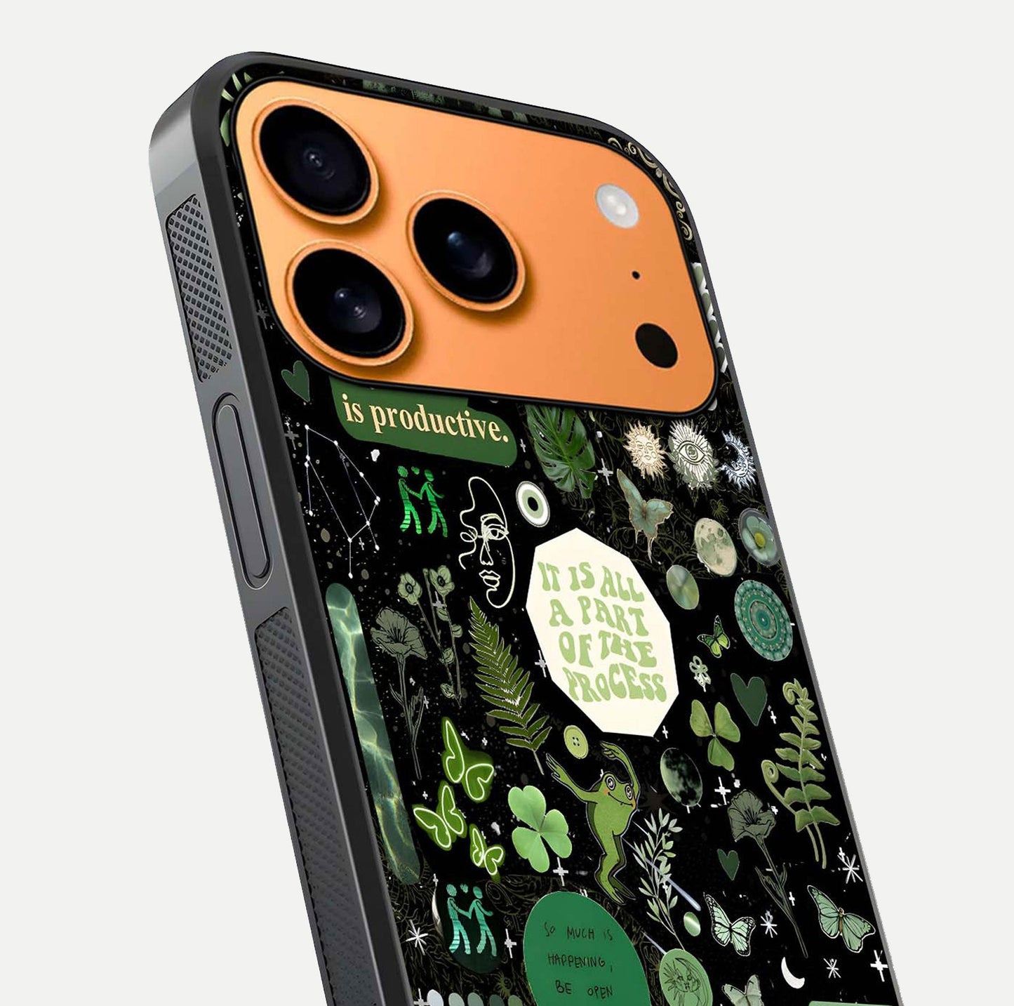 Green Moon Energy Glass Case for iPhone 17 Pro Max close-up angled shot showing glowing lunar detail and reflection shine