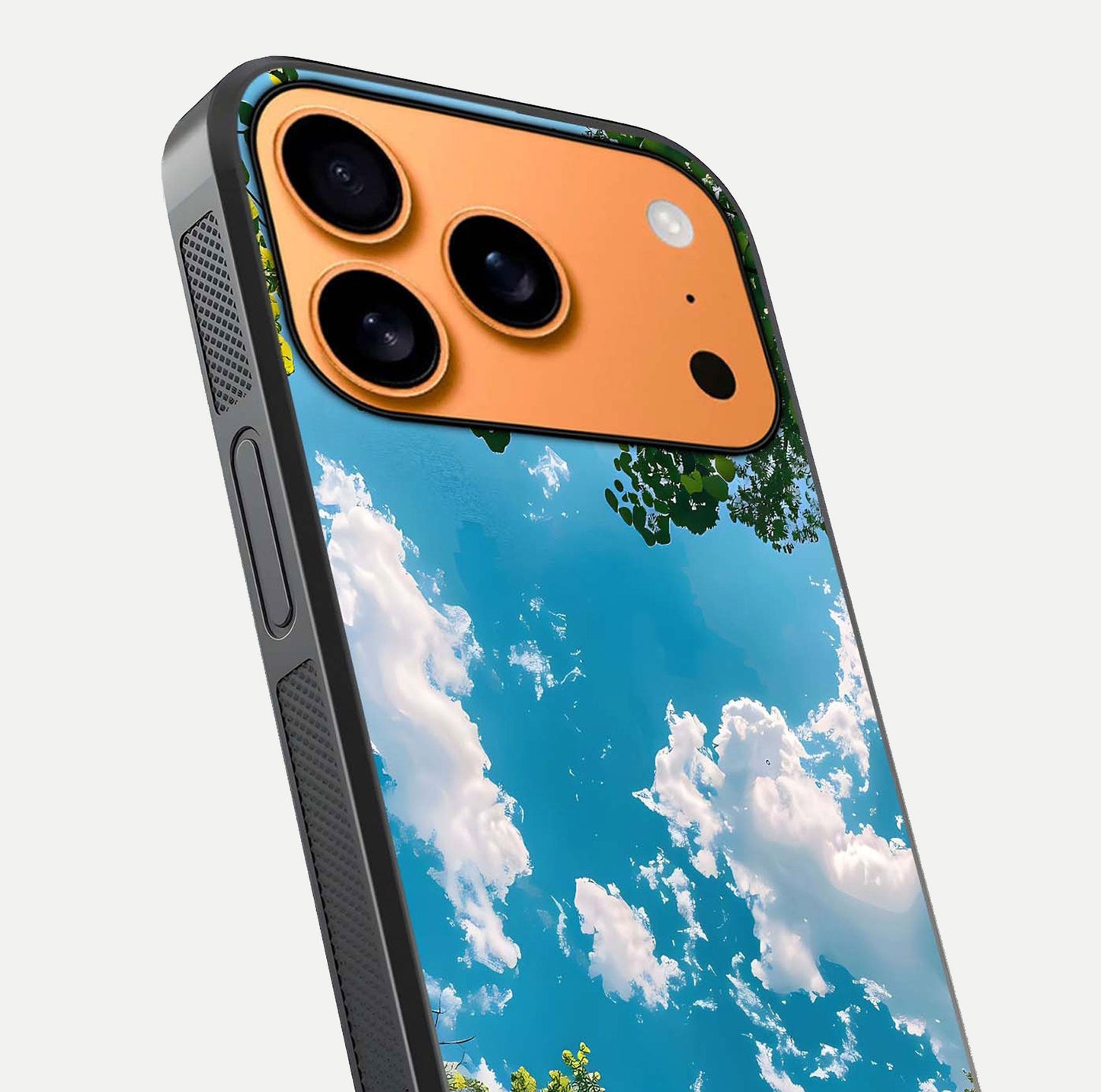 Greenery Sky Glass Case for iPhone 17 Pro Max close-up angled shot showing leafy tones and reflection brightness
