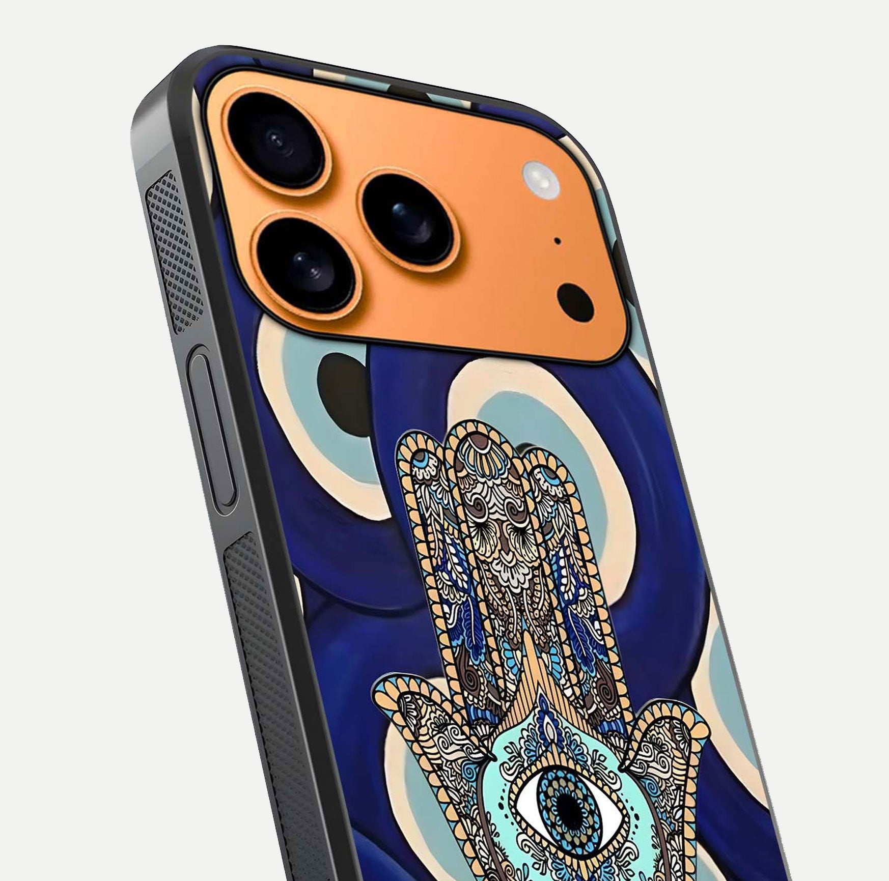 Hamsa Divine Guard Glass Case for iPhone 17 Pro Max close-up angled shot showing detailed palm motif and reflection glow