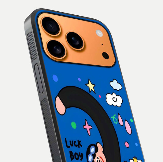 Happy Luck Vibe Glass Case for iPhone 17 Pro Max close-up angled shot showing color details and reflection shine