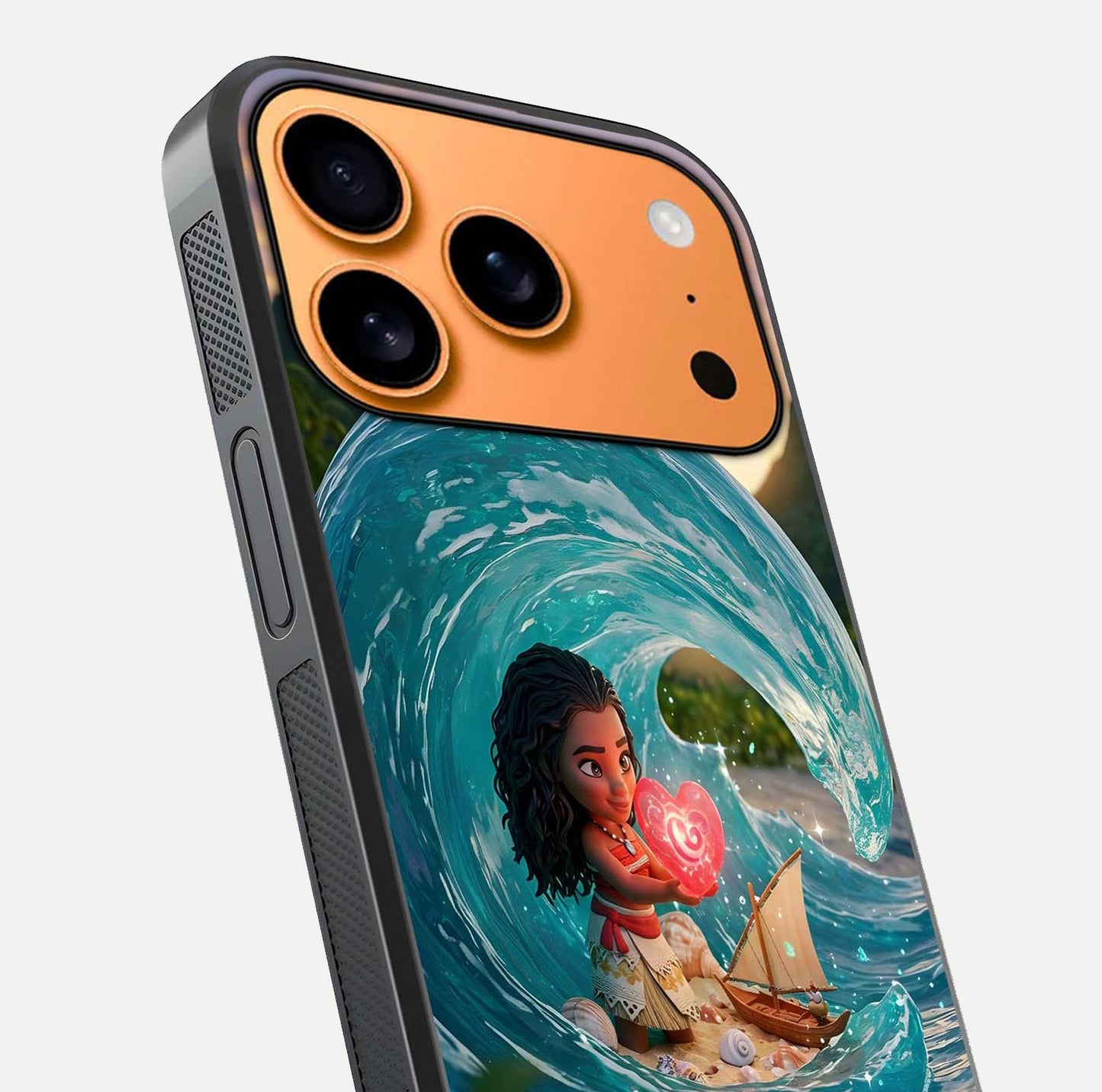 Heart of Ocean Glass Case for iPhone 17 Pro Max close-up angled shot showing blue tones and reflection shine