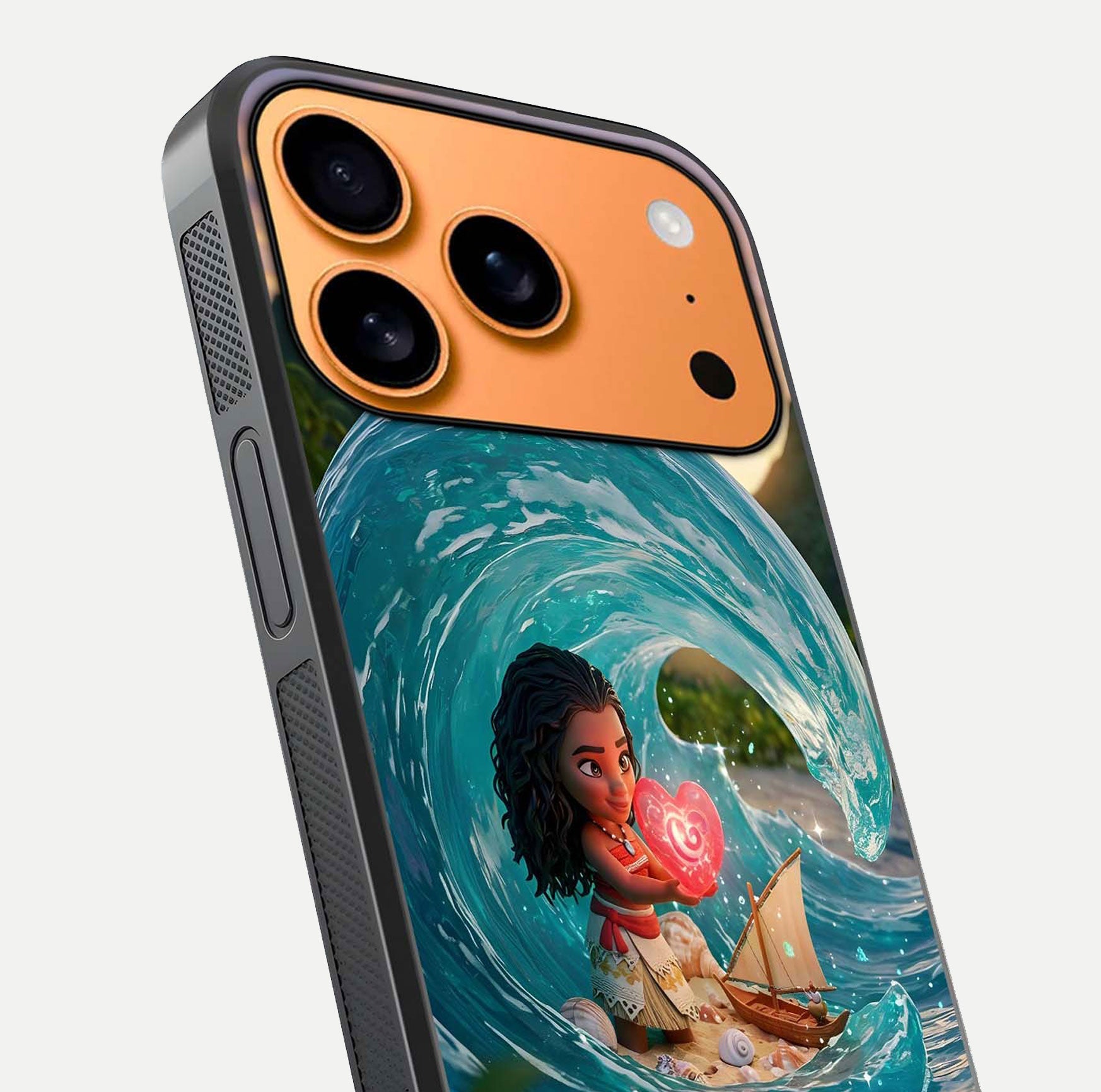 Heart of Ocean Glass Case for iPhone 17 Pro Max close-up angled shot showing blue tones and reflection shine