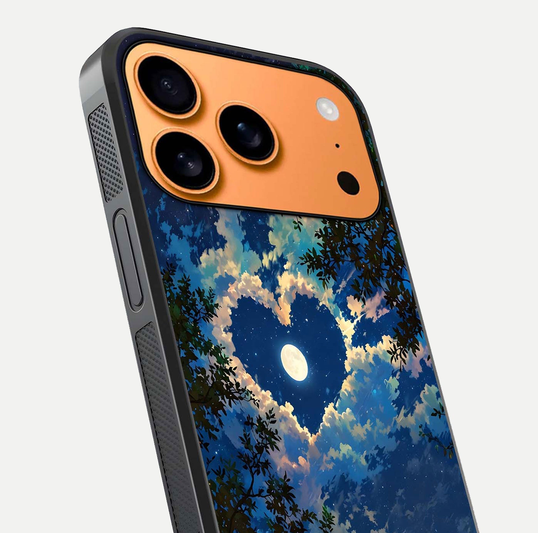Heart with Moon Sky Glass Case for iPhone 17 Pro Max close-up angled shot showing lunar reflection and shine detail