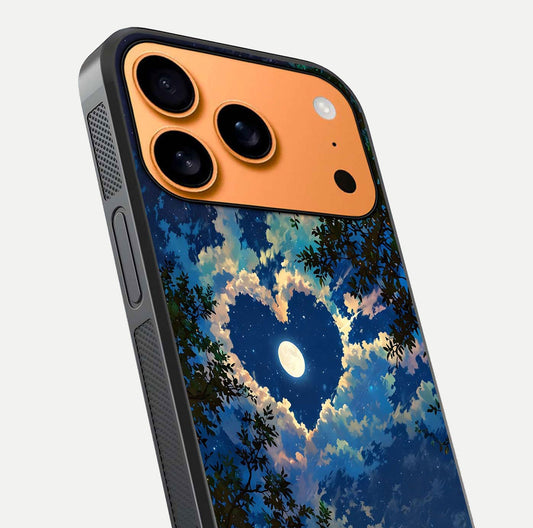 Heart with Moon Sky Glass Case for iPhone 17 Pro Max close-up angled shot showing lunar reflection and shine detail