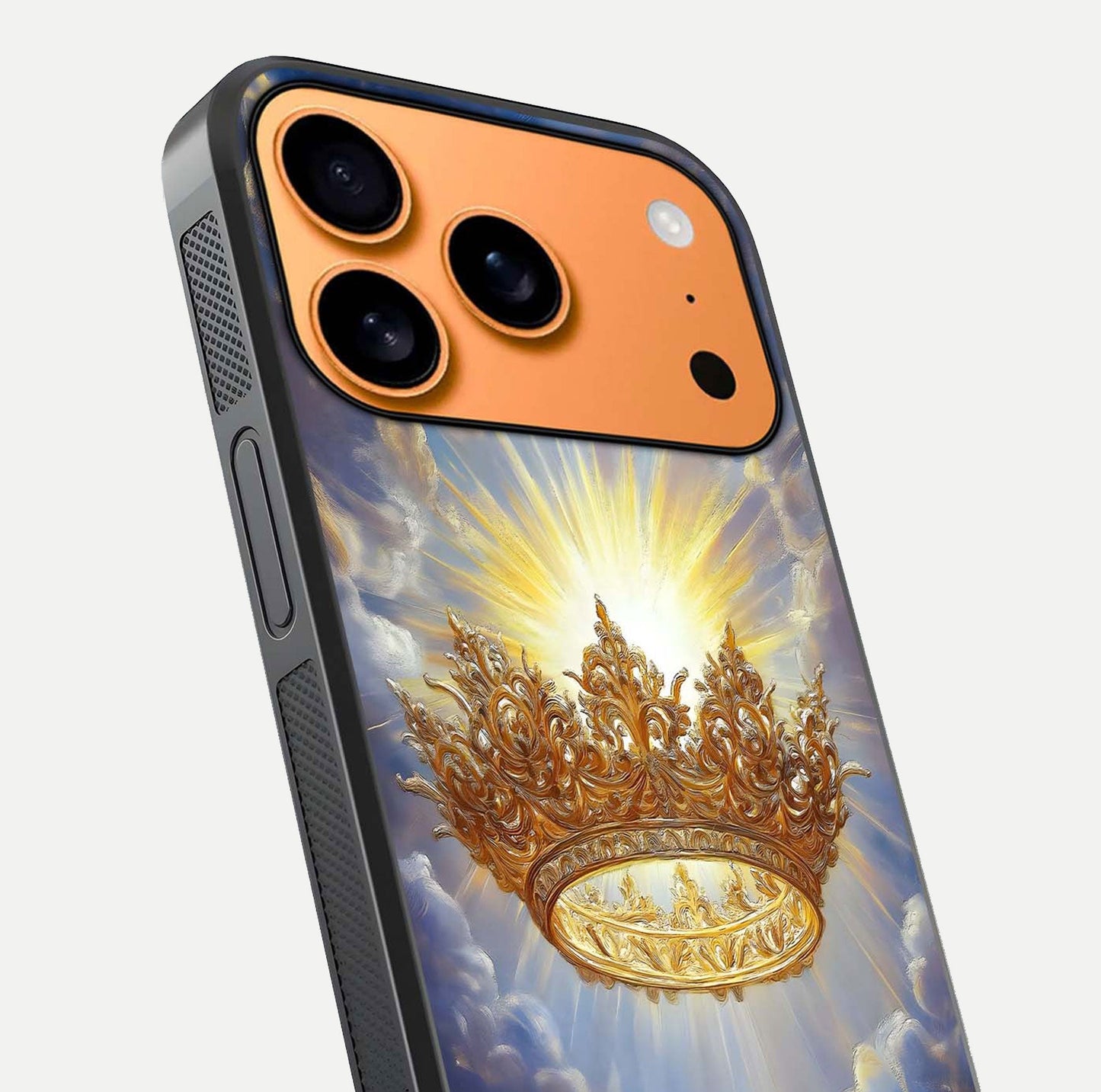 Heavenly Crown Light Glass Case for iPhone 17 Pro Max close-up angled shot showing glowing halo details and smooth reflection