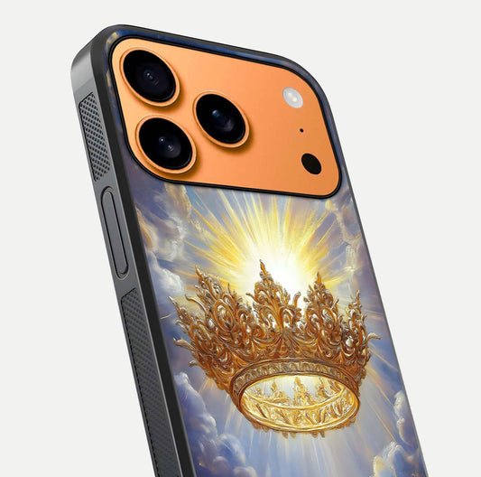 Heavenly Crown Light Glass Case for iPhone 17 Pro Max close-up angled shot showing glowing halo details and smooth reflection
