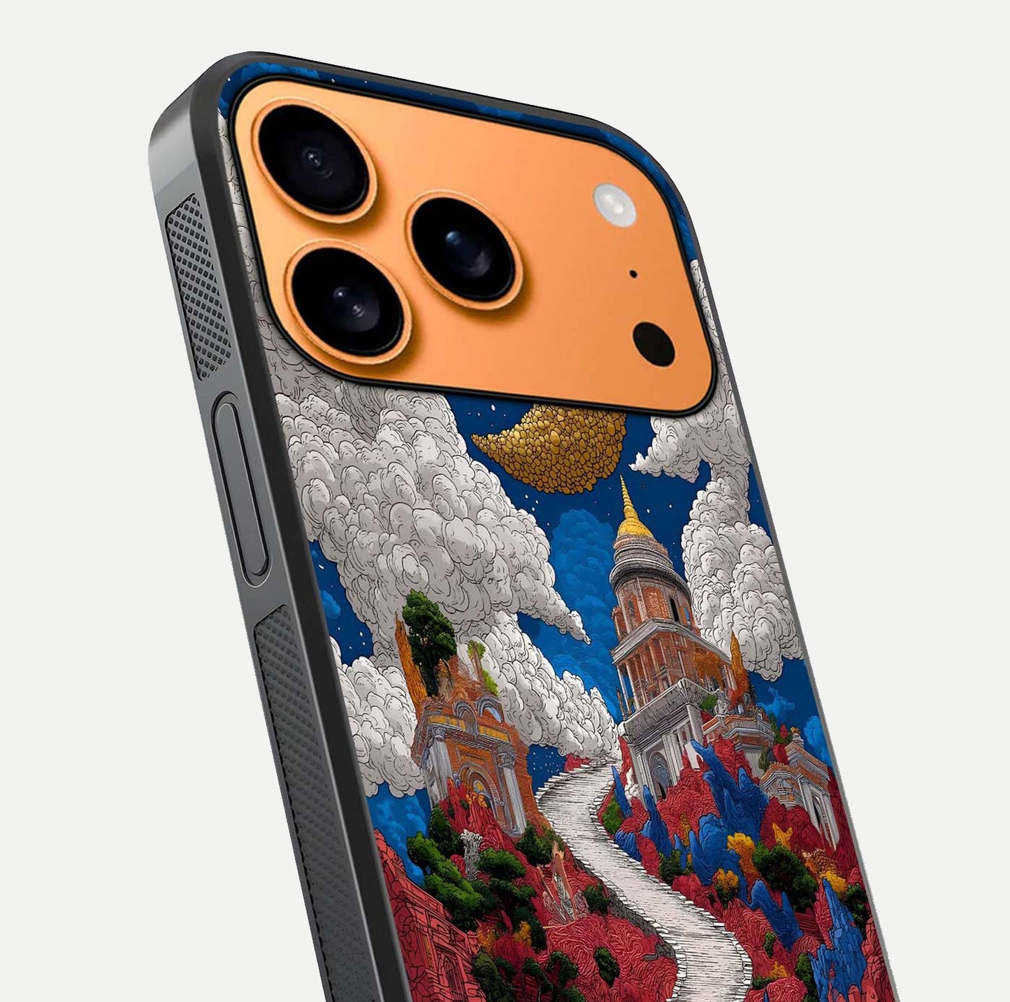 Heavenly Moon Path Glass Case for iPhone 17 Pro Max close-up angled shot showing moon reflection and shimmer texture