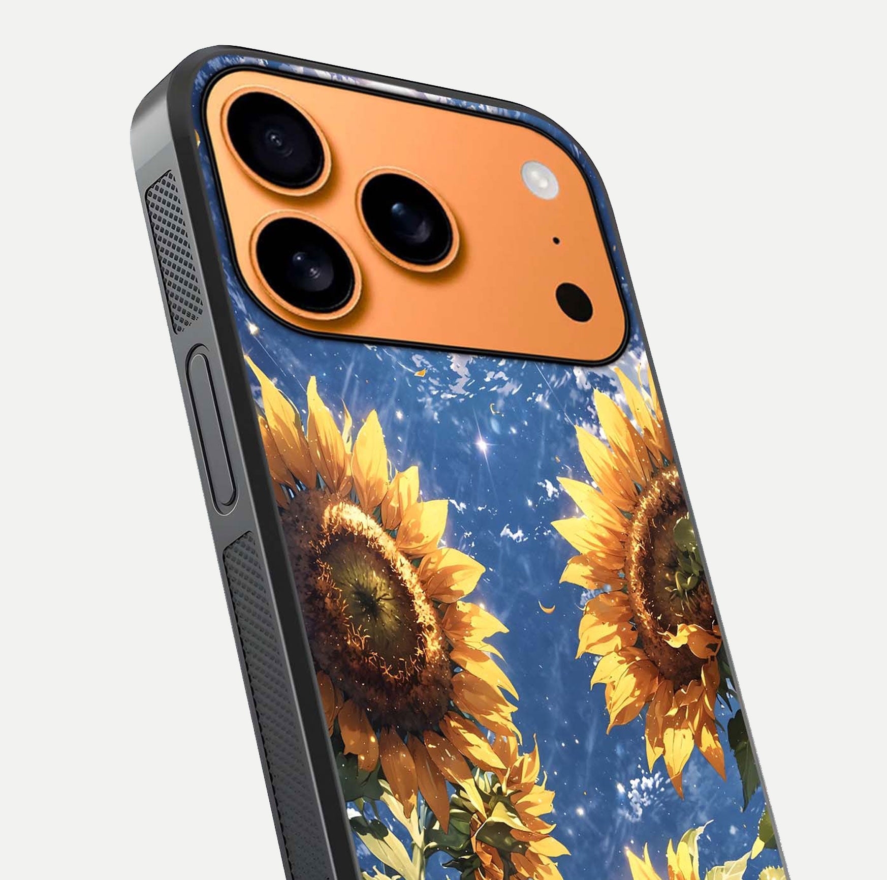 Heavenly Sunflower Rise Glass Case for iPhone 17 Pro Max close-up angled shot showing sunflower texture and reflection polish