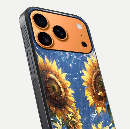 Heavenly Sunflower Rise Glass Case for iPhone 17 Pro Max close-up angled shot showing sunflower texture and reflection polish