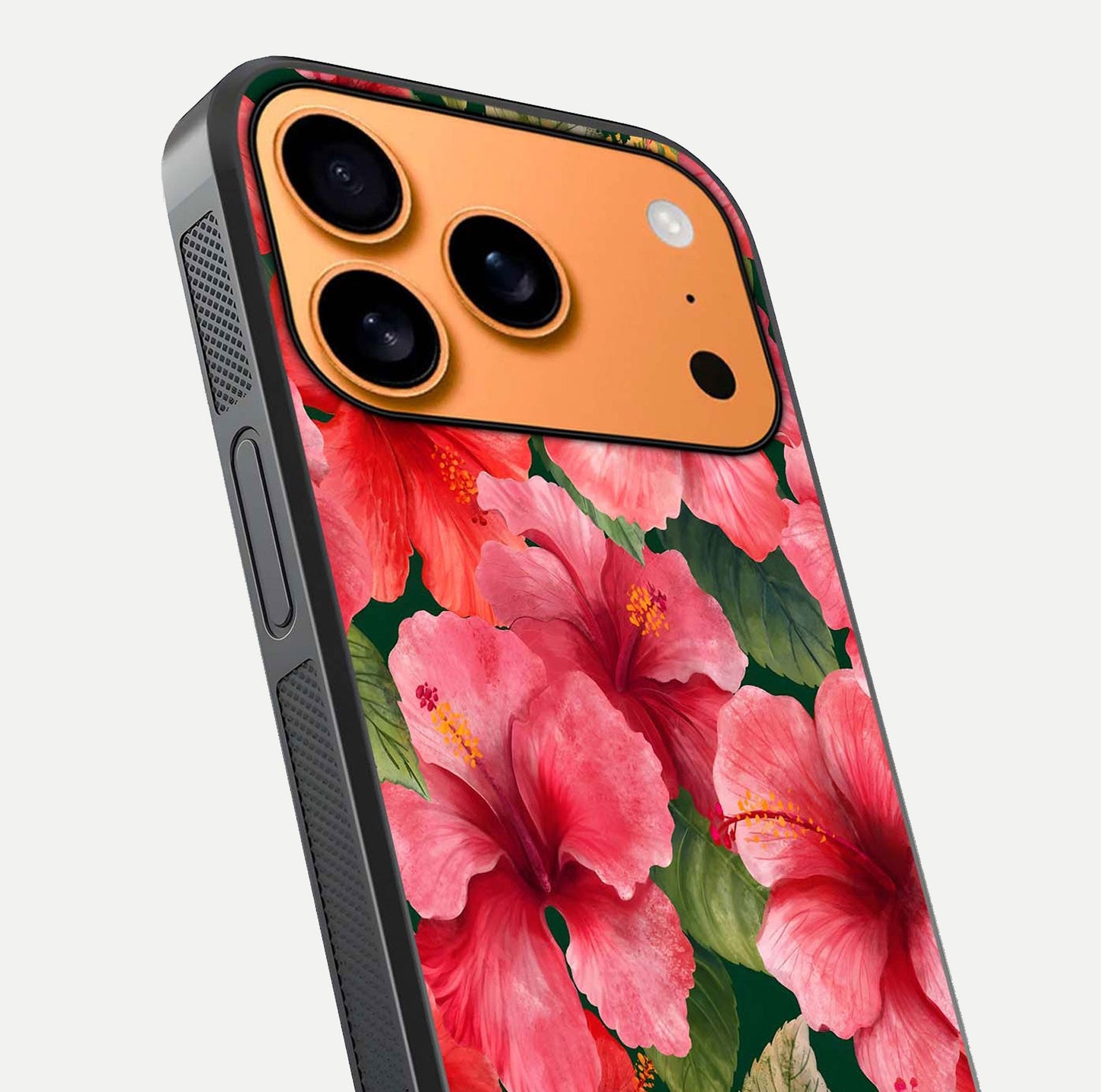 Hibiscus Pattern Glass Case for iPhone 17 Pro Max close-up angled shot showing flower details and gloss reflection