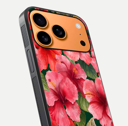 Hibiscus Pattern Glass Case for iPhone 17 Pro Max close-up angled shot showing flower details and gloss reflection