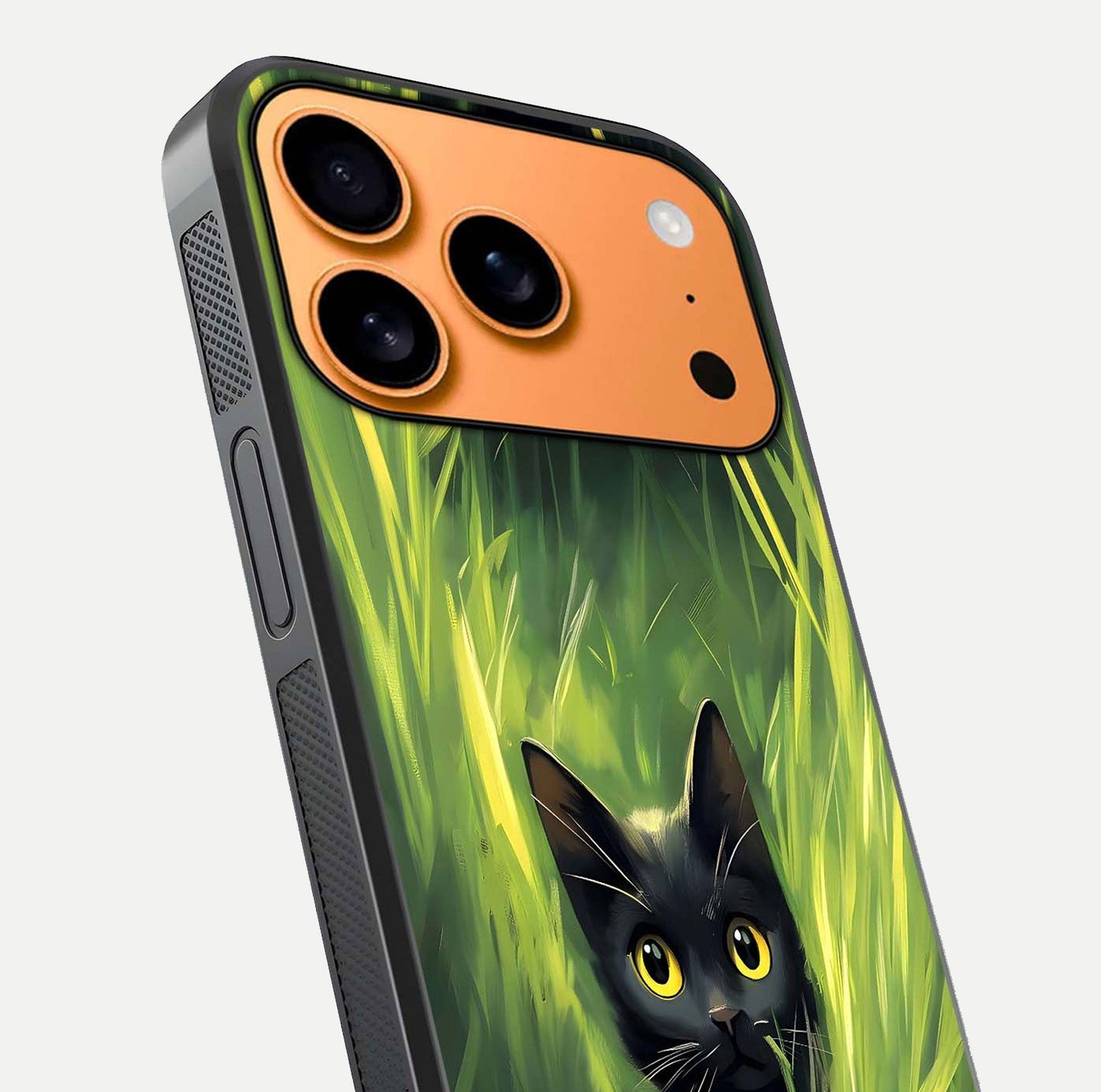 Hidden Cat Whisper Glass Case for iPhone 17 Pro Max close-up angled shot showing feline details and reflection polish