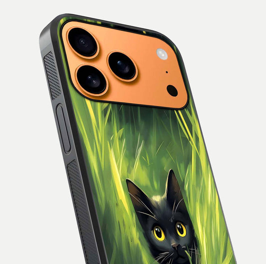 Hidden Cat Whisper Glass Case for iPhone 17 Pro Max close-up angled shot showing feline details and reflection polish