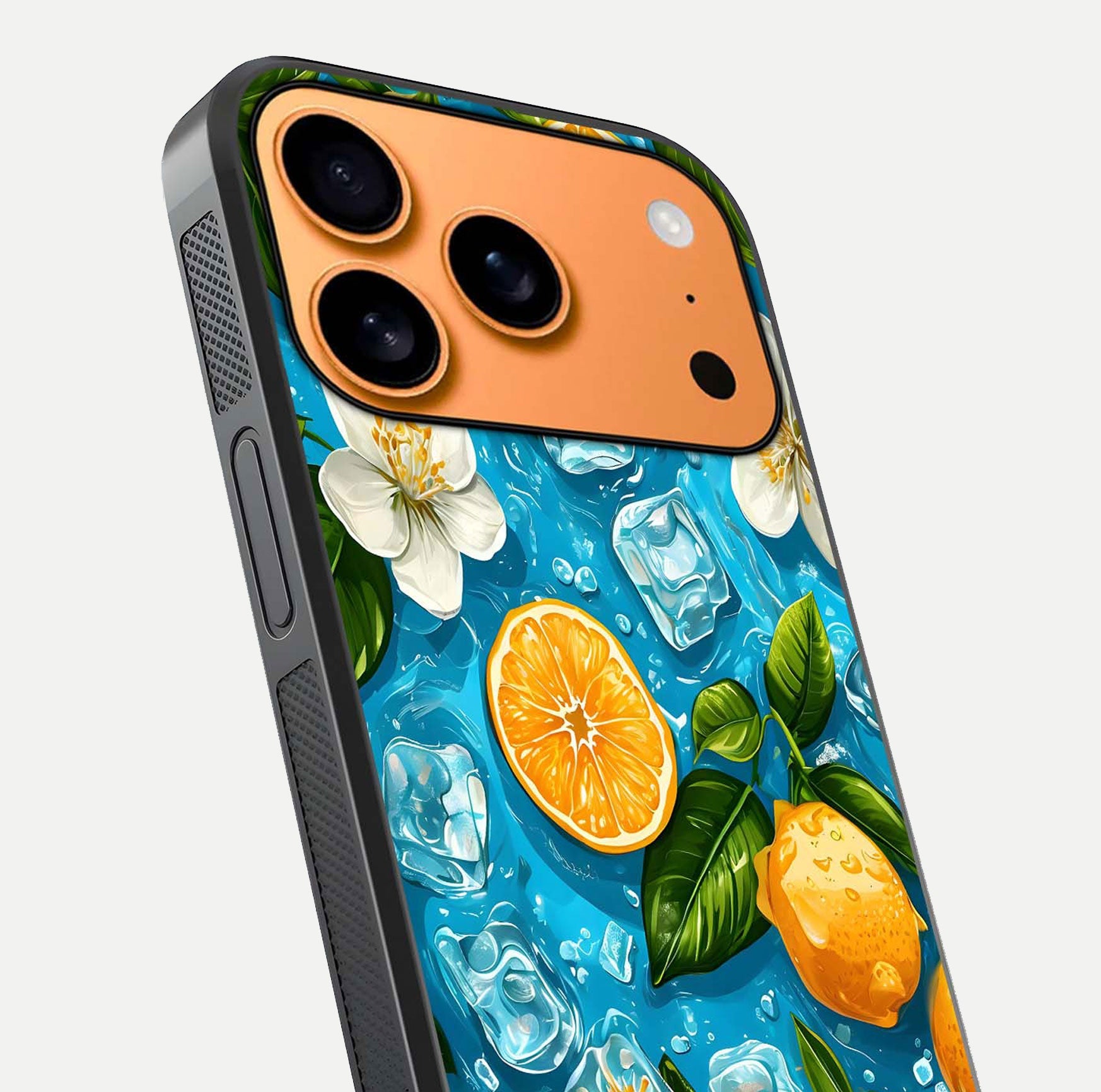 Ice Cube With Orange Glass Case for iPhone 17 Pro Max close-up angled shot showing orange slices and ice reflections