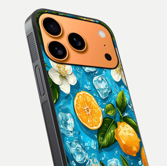 Ice Cube With Orange Glass Case for iPhone 17 Pro Max close-up angled shot showing orange slices and ice reflections