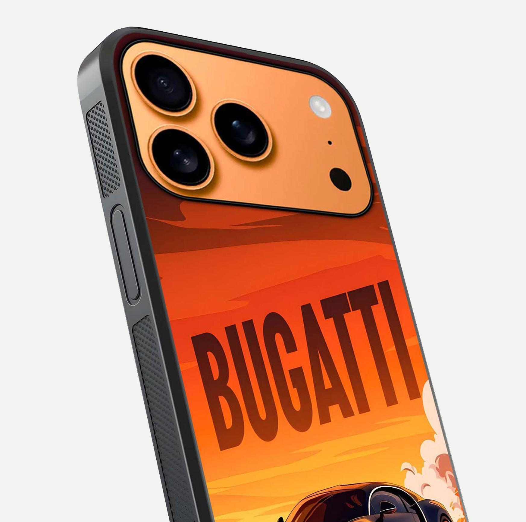 Inferno Bugatti Storm Glass Case for iPhone 17 Pro Max close-up angled shot showing flame details and reflection shine