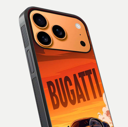 Inferno Bugatti Storm Glass Case for iPhone 17 Pro Max close-up angled shot showing flame details and reflection shine