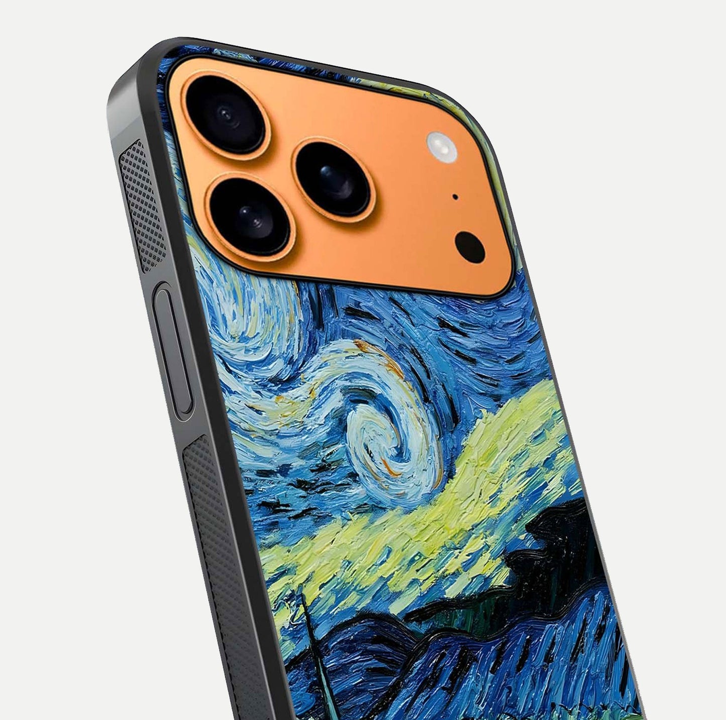 Inspired Van Gogh Art Glass Case for iPhone 17 Pro Max close-up angled shot showing brushstroke texture and shine detail
