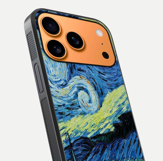 Inspired Van Gogh Art Glass Case for iPhone 17 Pro Max close-up angled shot showing brushstroke texture and shine detail
