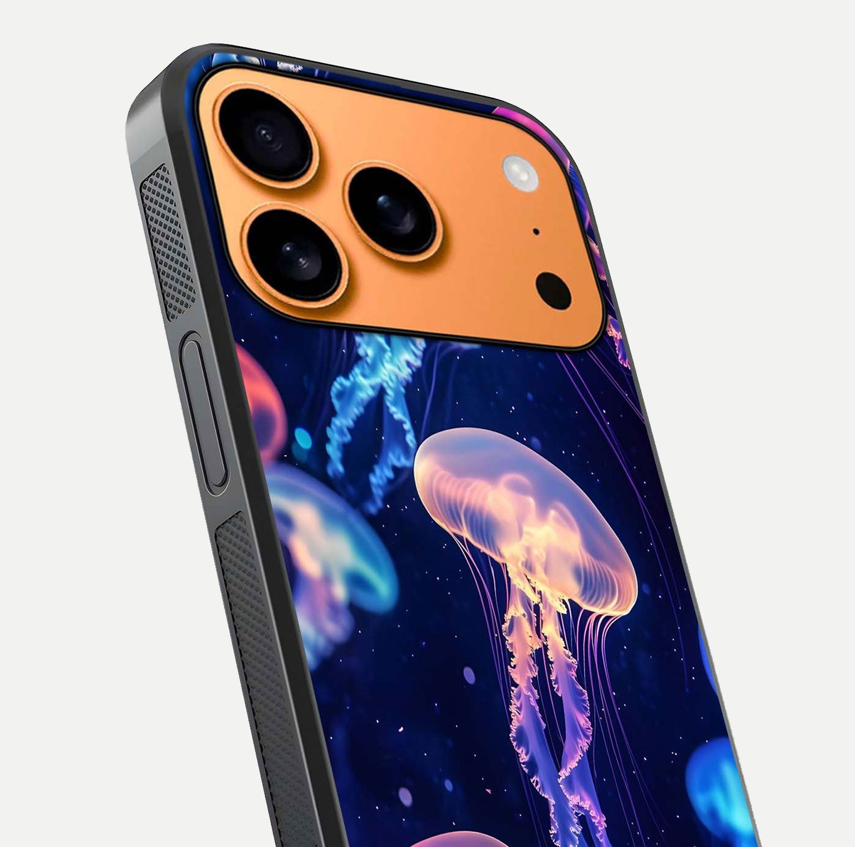 Jellyfish Pattern Glass Case for iPhone 17 Pro Max close-up angled shot showing translucent tentacles and light reflection