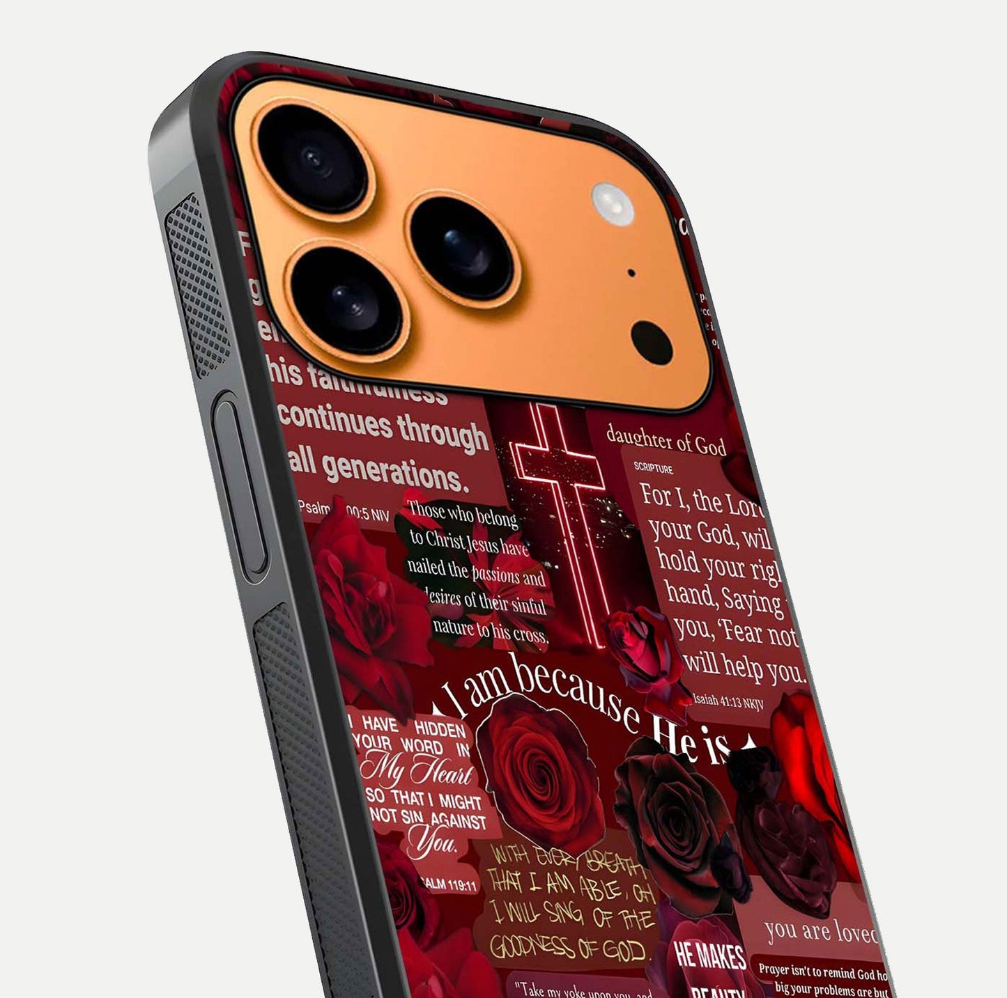 Jesus Love Heals Glass Case for iPhone 17 Pro Max close-up angled shot showing healing text, cross detailing, and reflection