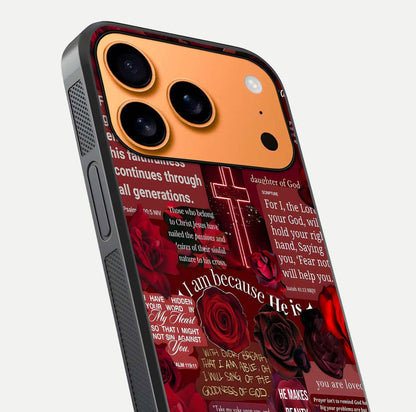 Jesus Love Heals Glass Case for iPhone 17 Pro Max close-up angled shot showing healing text, cross detailing, and reflection