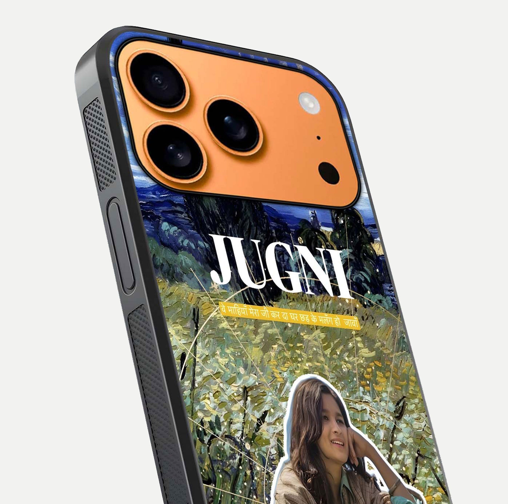 Jugni Soul Vibes Glass Case for iPhone 17 Pro Max close-up angled shot showing typography detail and vibrant gloss reflection