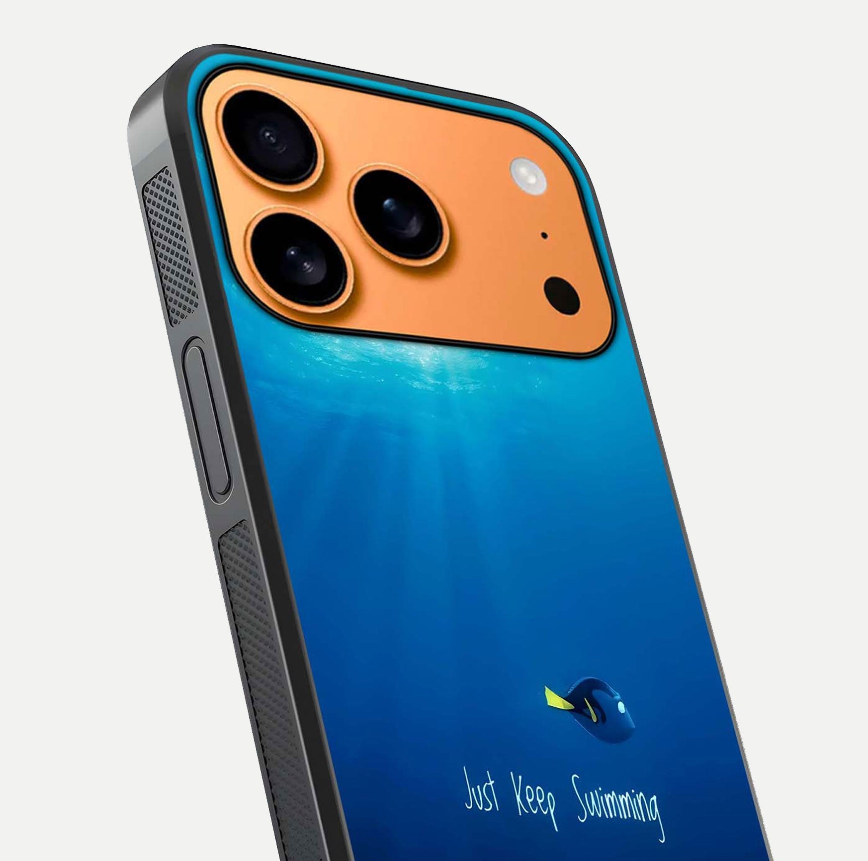 Just Keep Swimming Glass Case for iPhone 17 Pro Max close-up angled shot showing elegant lettering and blue tone reflection