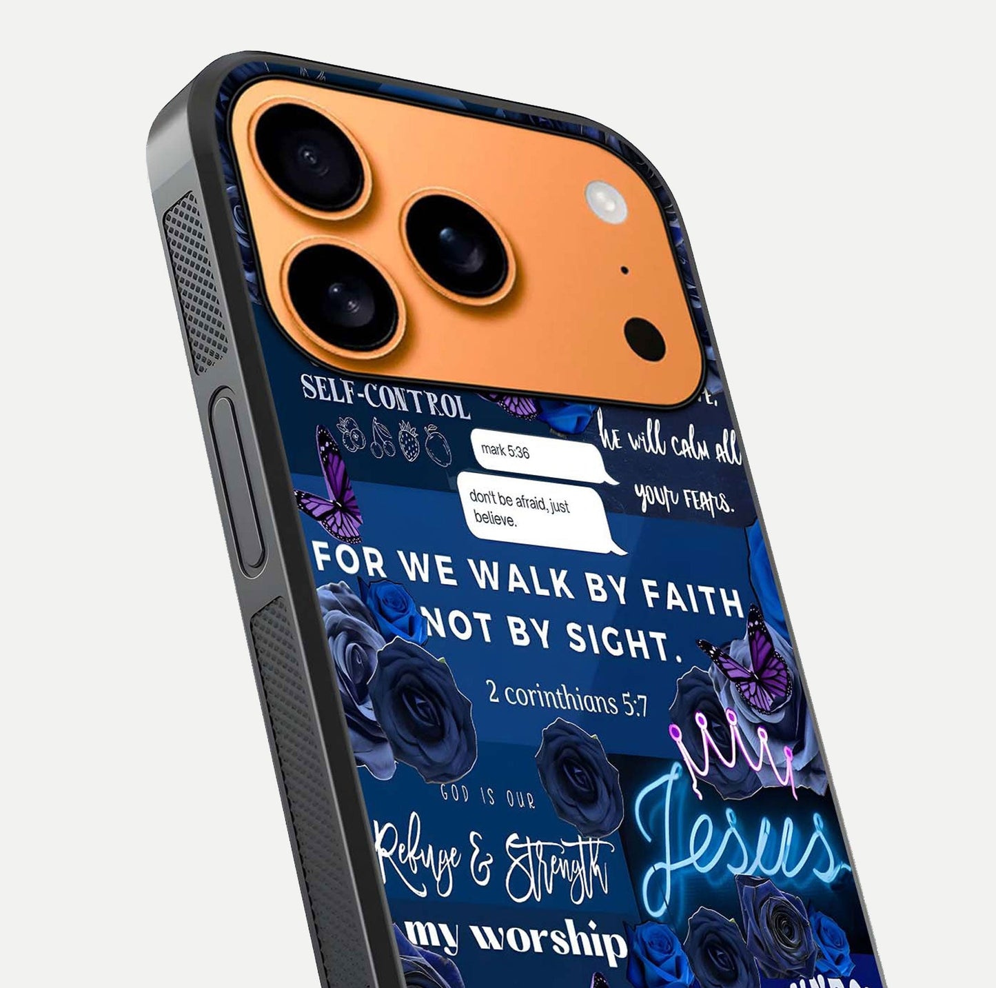 Kingdom Faith Glow Glass Case for iPhone 17 Pro Max close-up angled shot showing luminous text and divine reflection
