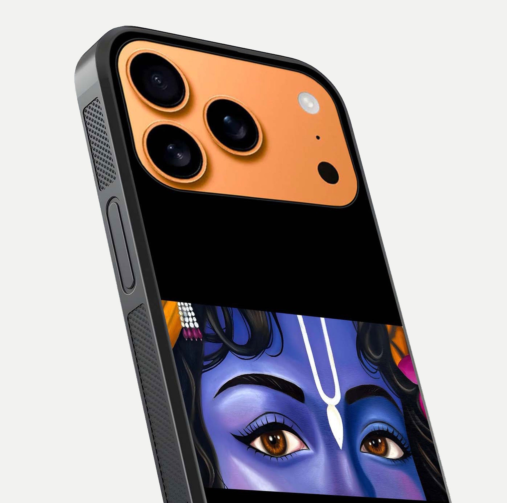 Krishna Eye Glass Case for iPhone 17 Pro Max close-up angled shot showing intricate artwork and reflection shine