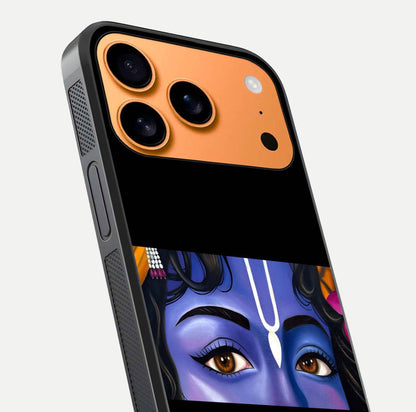 Krishna Eye Glass Case for iPhone 17 Pro Max close-up angled shot showing intricate artwork and reflection shine