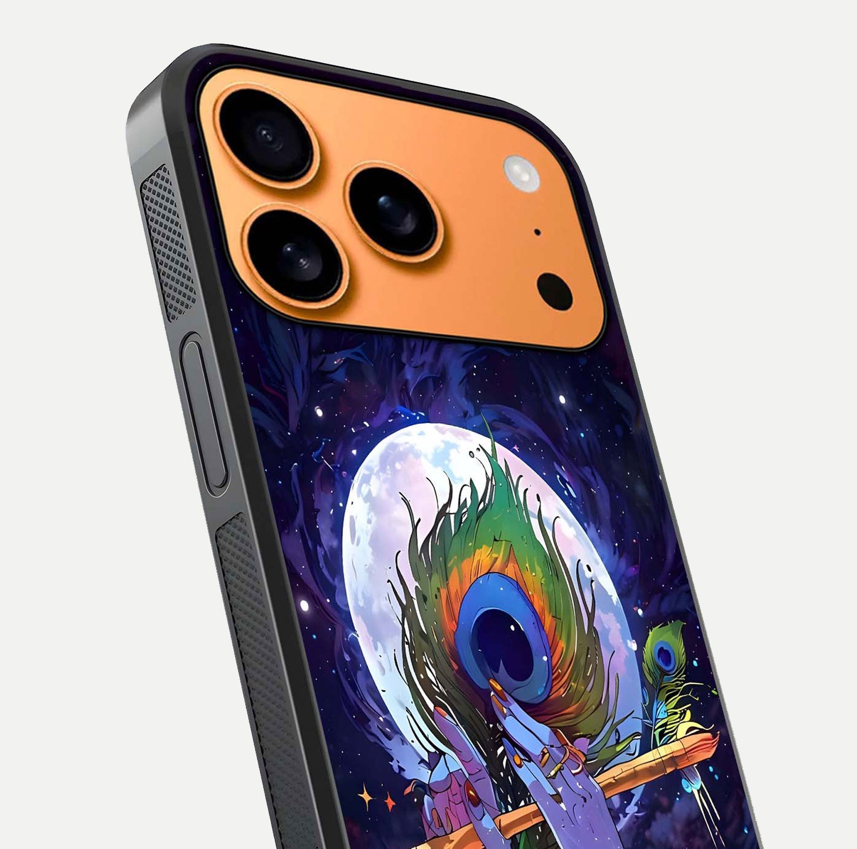 Krishna Hands Art Glass Case for iPhone 17 Pro Max close-up angled shot showing detailed hand design and shine