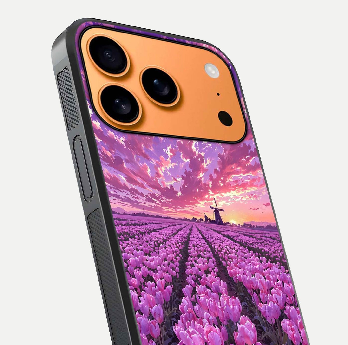 Lavender Dream Skies Glass Case for iPhone 17 Pro Max close-up angled shot showing purple hues and soft reflection