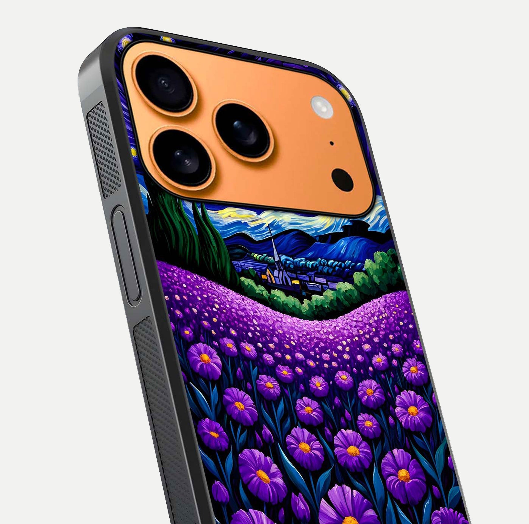 Lavender Moon Field Glass Case for iPhone 17 Pro Max close-up angled shot showing moon glow and purple detailing