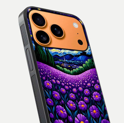 Lavender Moon Field Glass Case for iPhone 17 Pro Max close-up angled shot showing moon glow and purple detailing