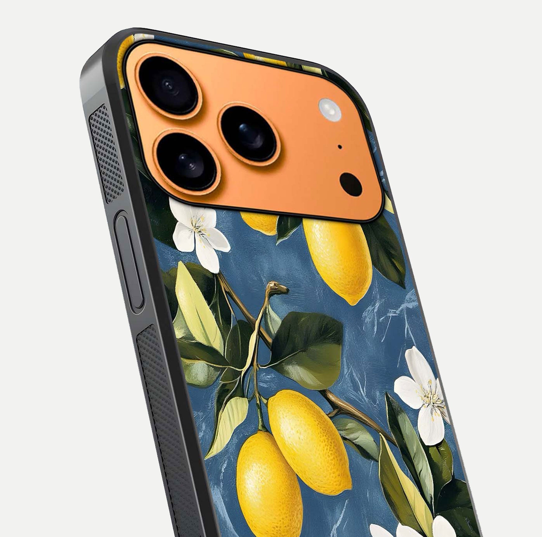 Lemon Dream Garden Glass Case for iPhone 17 Pro Max close-up angled shot showing fruit details and shine reflection