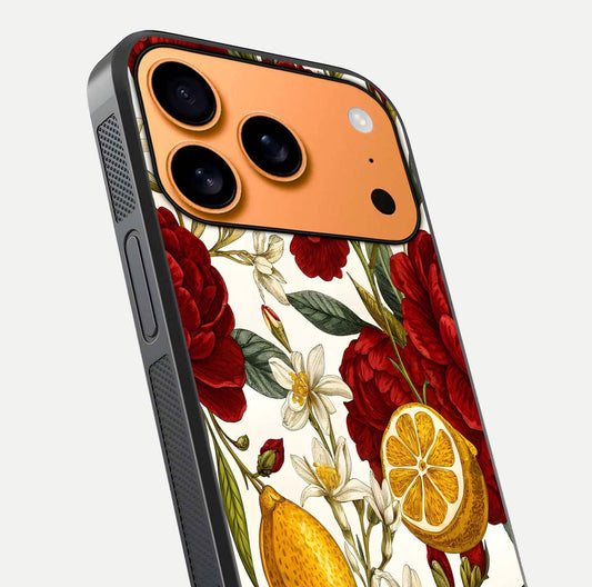 Lemon Rose Charm Glass Case for iPhone 17 Pro Max angled close-up showing vivid rose details and HD glass reflection