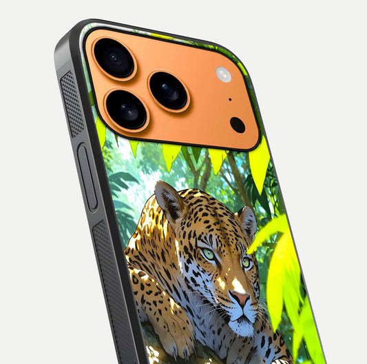 Leopard in Jungle Glass Case for iPhone 17 Pro Max angled close-up showing fur texture and glossy shine reflection