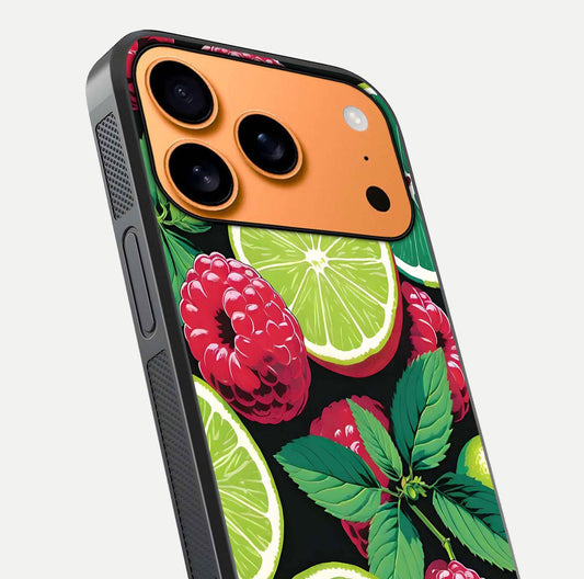 Lime and Raspberry Pattern Glass Case for iPhone 17 Pro Max angled close-up showing fruit texture and reflection glow