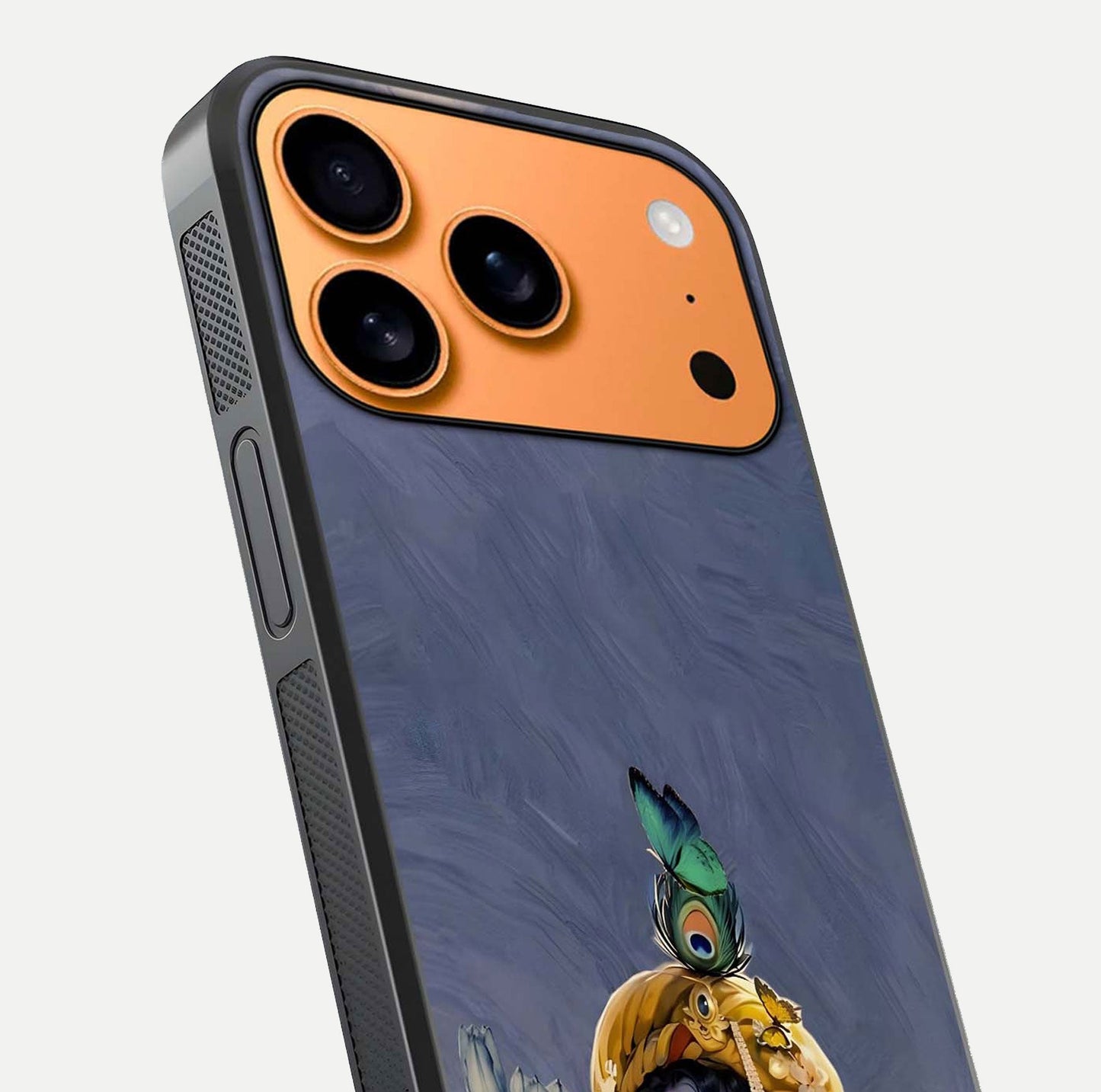 Lord Krishna Glass Case for iPhone 17 Pro Max angled close-up showing intricate flute and reflection details