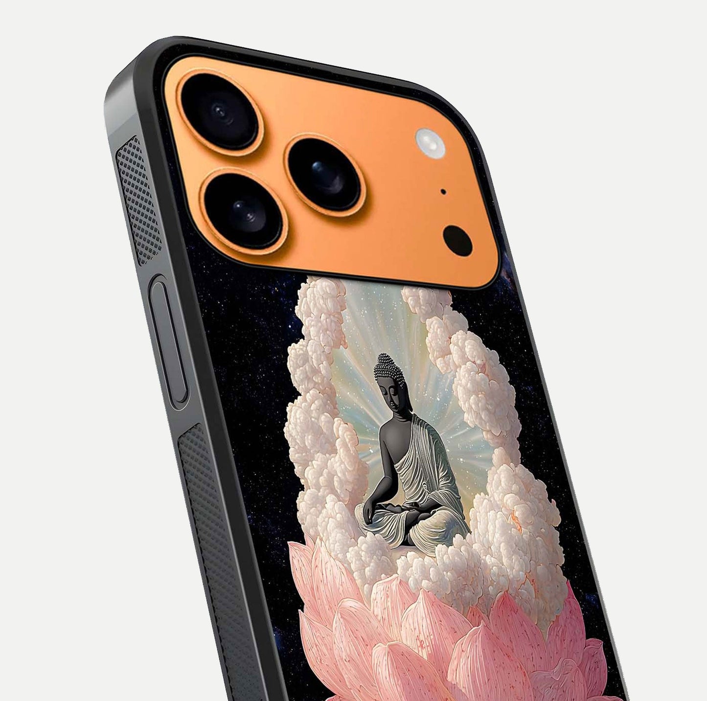 Lotus Divine Peace Glass Case for iPhone 17 Pro Max angled close-up showing delicate petals and gloss reflection