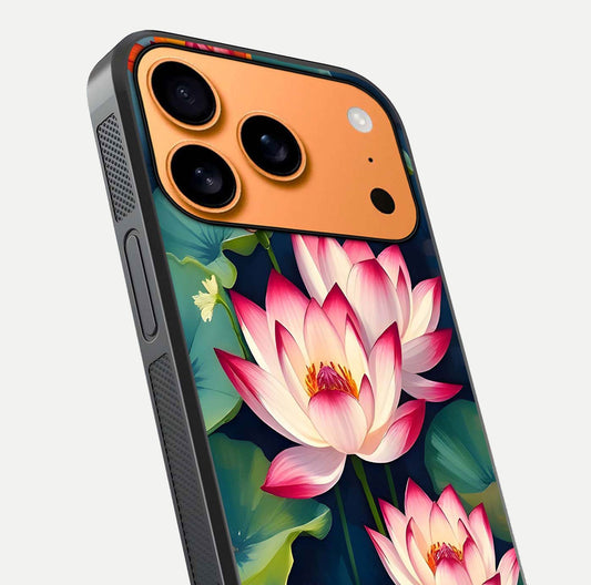 Lotus Dream Serenity Glass Case for iPhone 17 Pro Max close-up angled shot showing floral details and soft shine