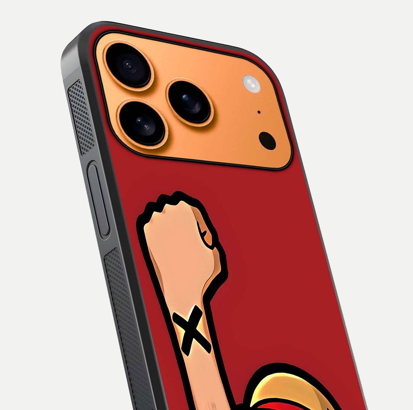 Luffy X Spirit Glass Case for iPhone 17 Pro Max close-up angled shot showing character detailing and gloss texture