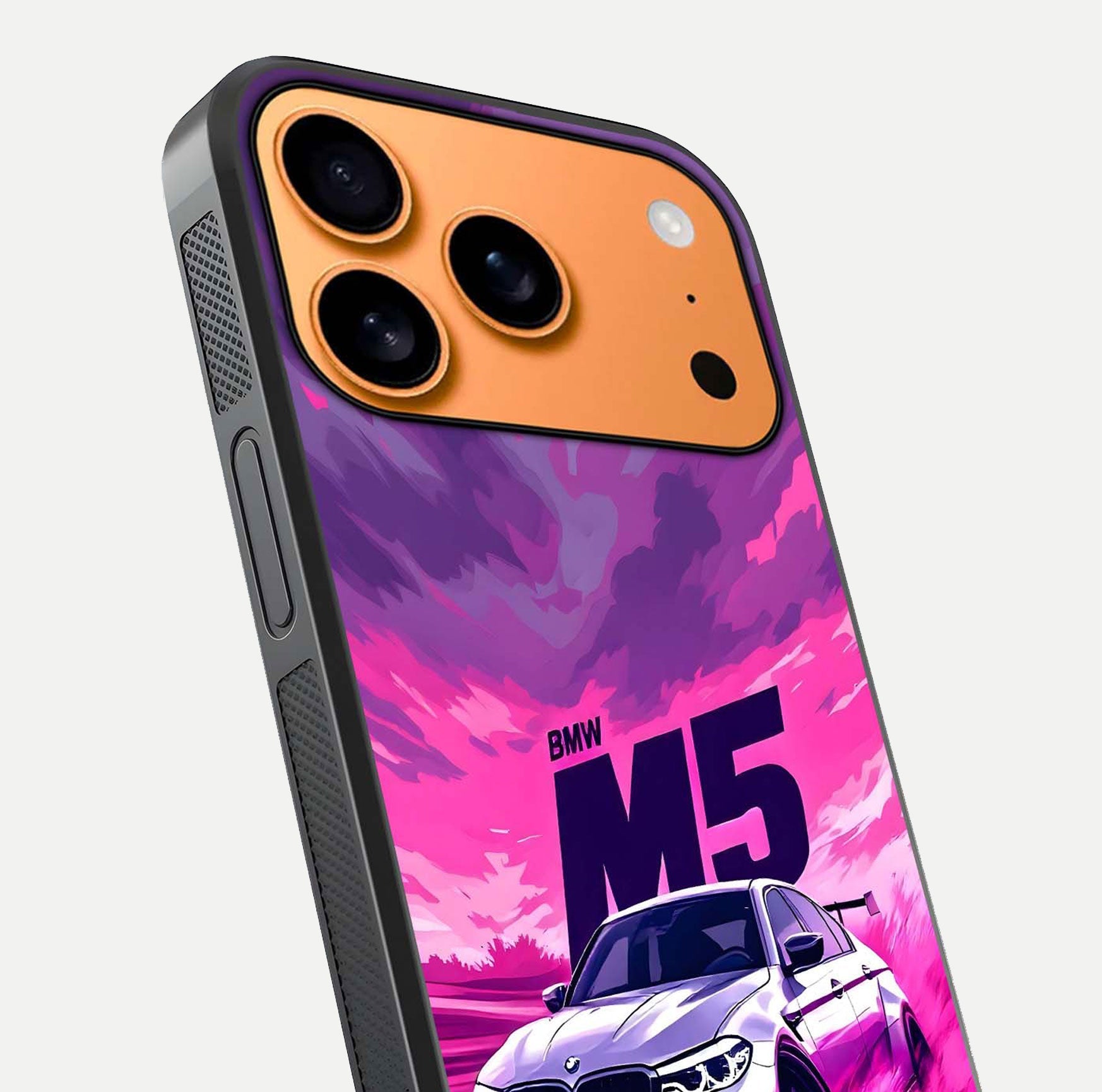 MS Neon Car Glass Case for iPhone 17 Pro Max close-up angled shot showing vivid neon reflections and shine
