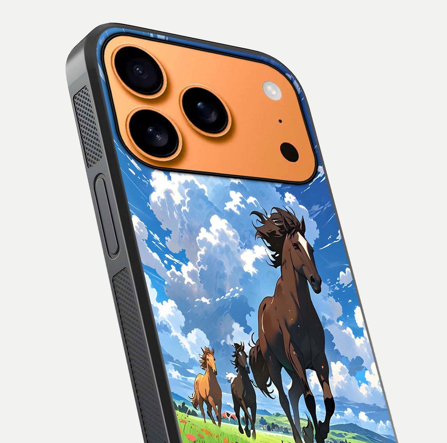 Majestic Horses Galloping Glass Case for iPhone 17 Pro Max close-up angled shot showing horse motion and reflection