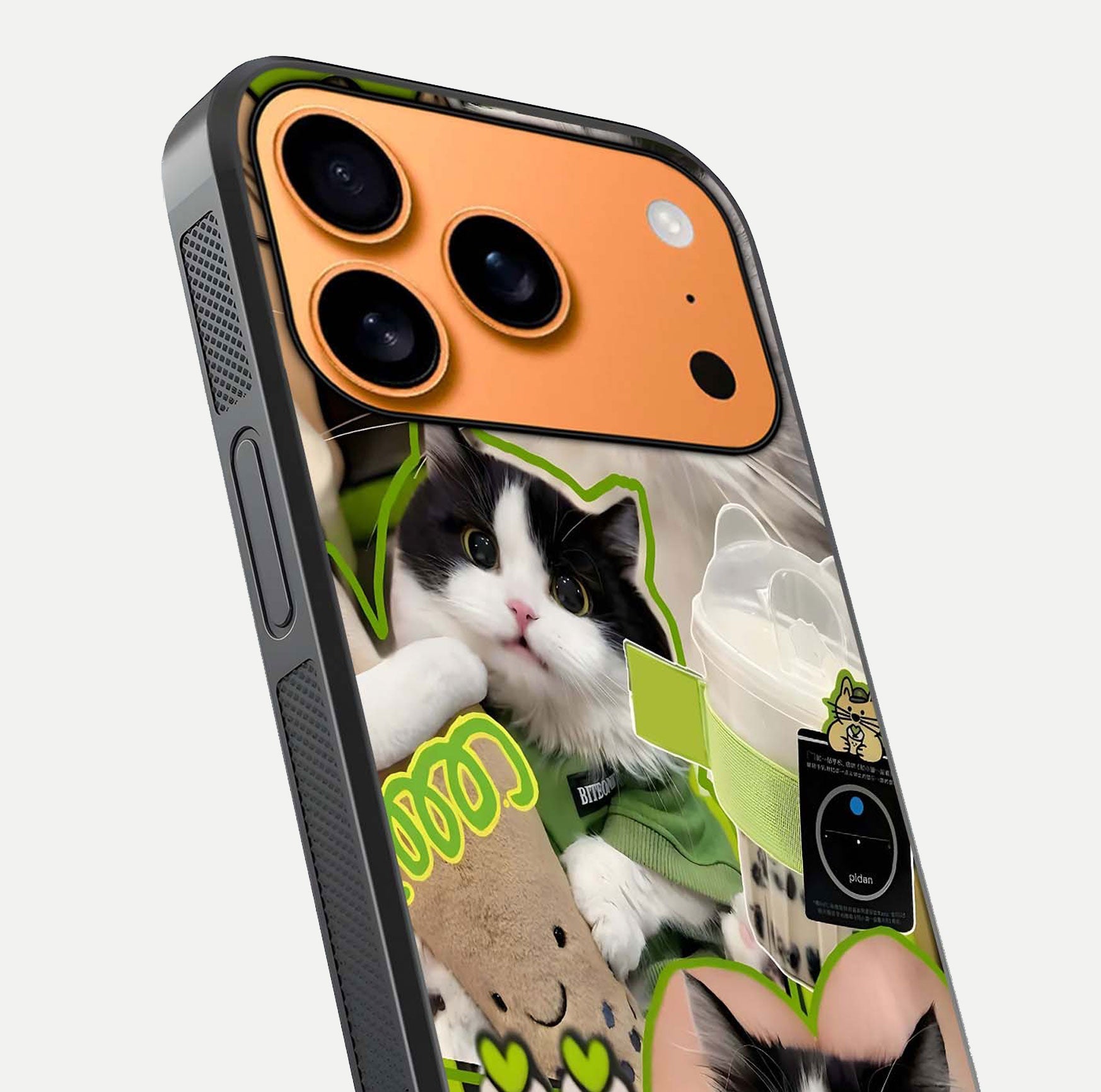 Matcha Cats Mood Glass Case for iPhone 17 Pro Max close-up angled shot showing adorable cat art and reflection detail