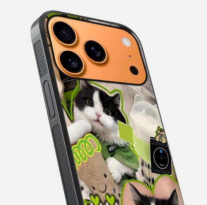 Matcha Cats Mood Glass Case for iPhone 17 Pro Max close-up angled shot showing adorable cat art and reflection detail
