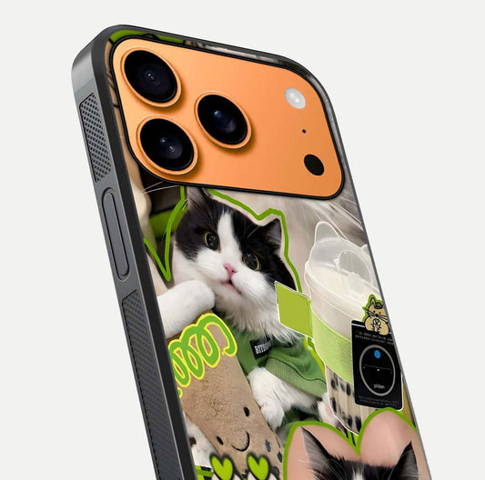 Matcha Cats Mood Glass Case for iPhone 17 Pro Max close-up angled shot showing adorable cat art and reflection detail