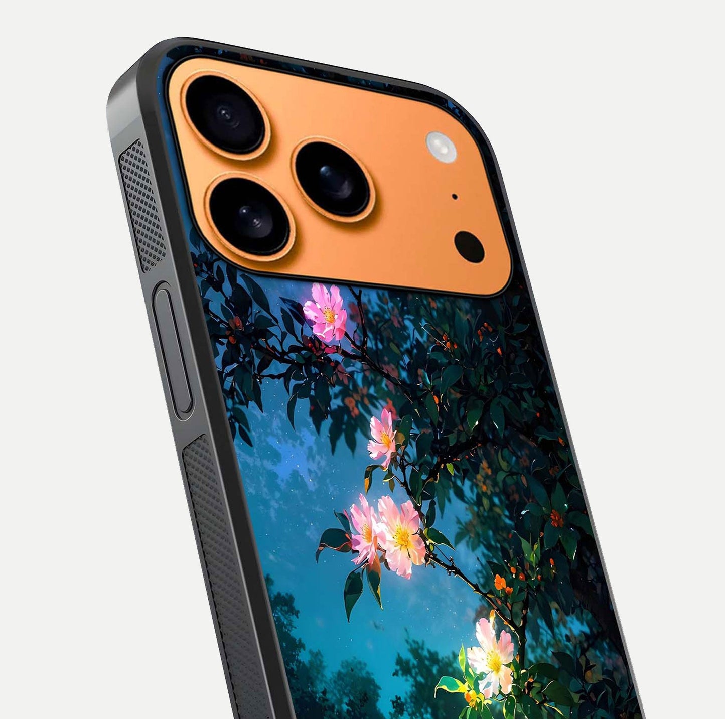 Midnight Bloom Glow Glass Case for iPhone 17 Pro Max close-up angled shot showing petal highlights and glow reflection