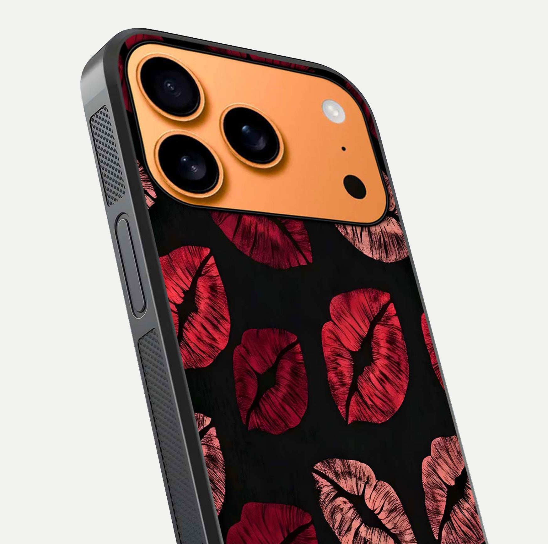 Midnight Kiss Love Glass Case for iPhone 17 Pro Max close-up angle highlighting red accents and reflection shine